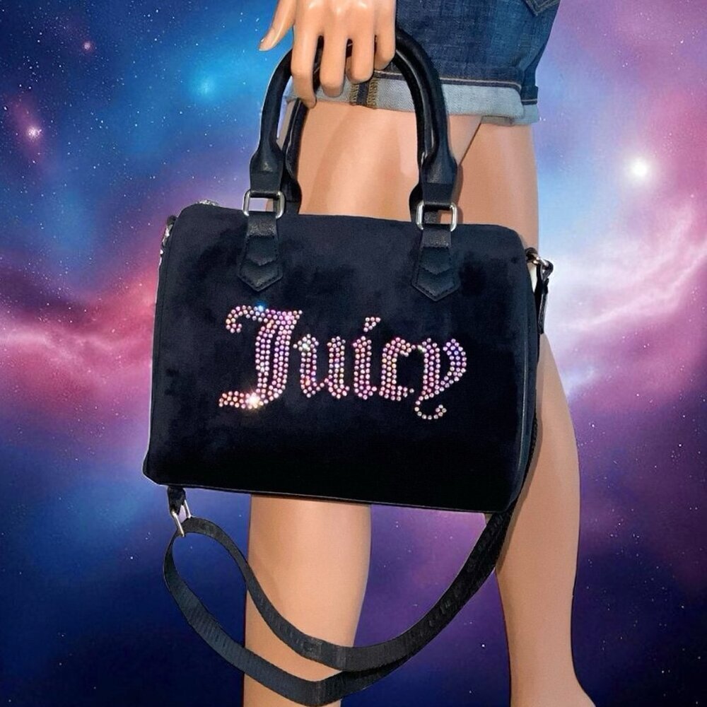 Juicy Couture Black Velvet with Iridescent Rhinestones Obsession Satchel Bag NWT - Picture 3 of 11